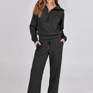 ANRABESS Women's Black 2 Piece Sweatsuit Oversized Sweatshirt Sweatpants Small